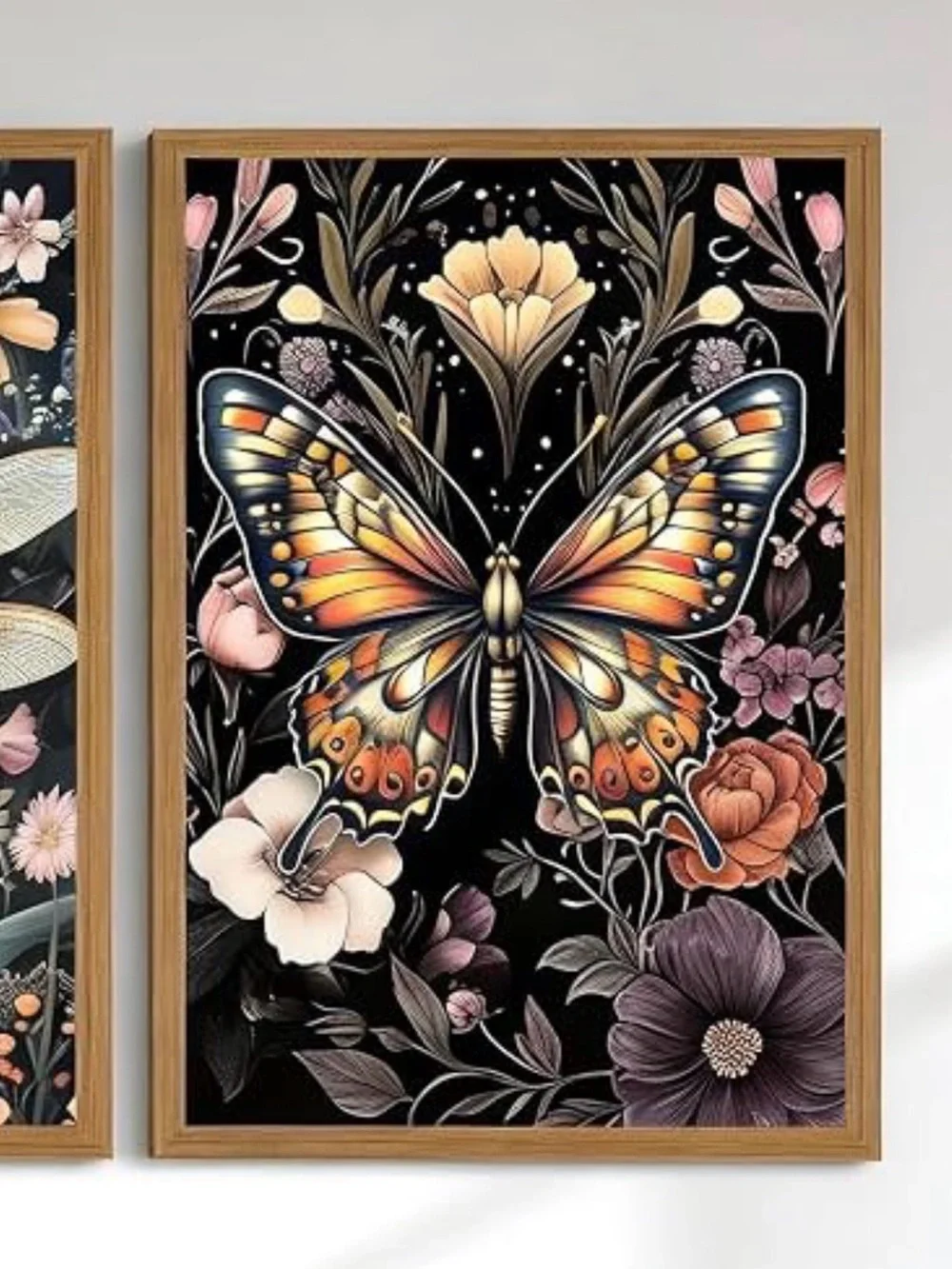 Canvas 3 Piece Set Floral Insect Wall Art Set - Black & Pink Botanical Prints